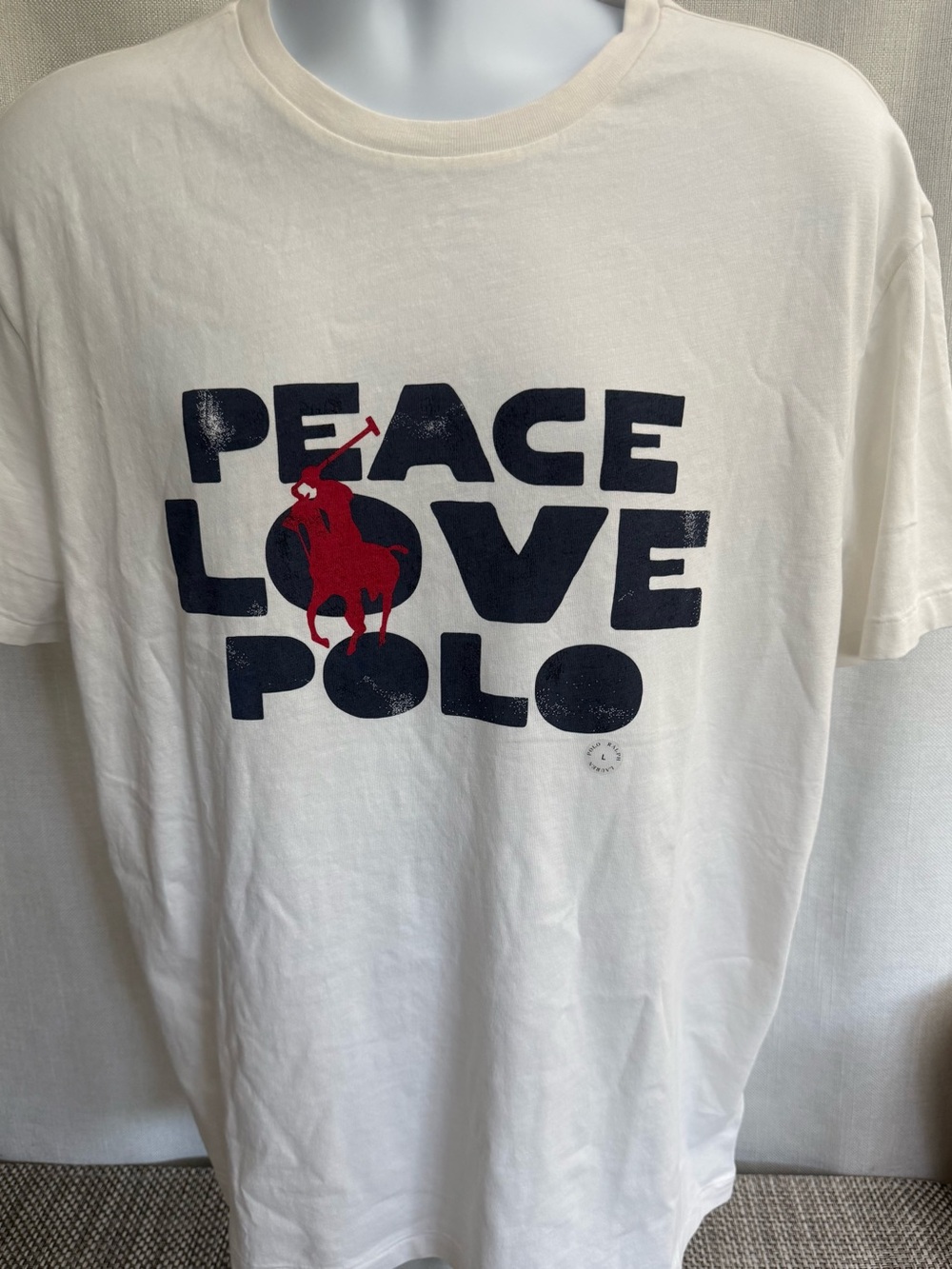 Ralph Lauren White Graphic 'Peace Love Polo' Tee with Navy & Red Print